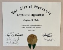 Certificate of Appreciation to Stephen R. Baker